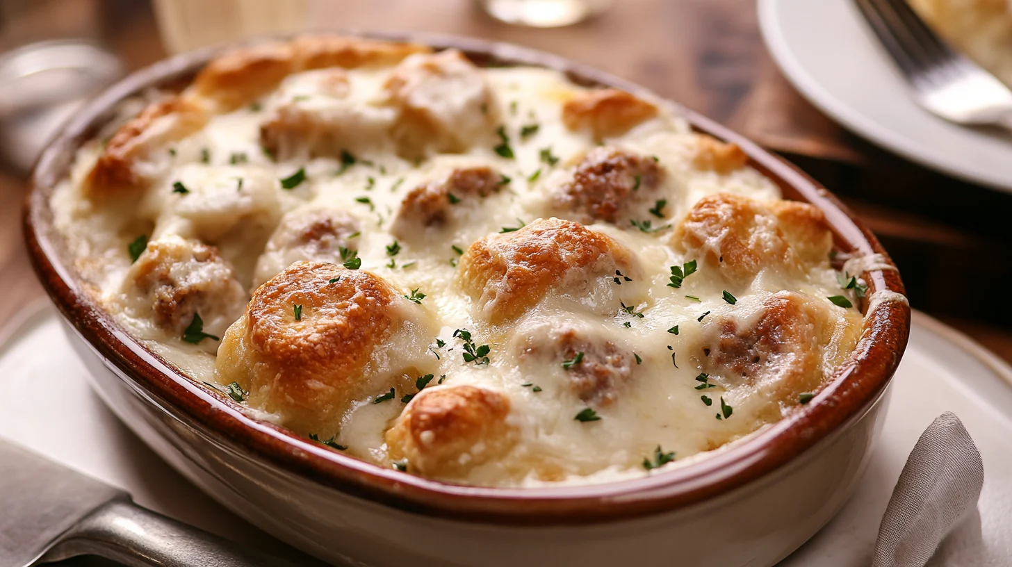 Creamy and hearty sausage breakfast casserole served warm, perfect for family brunch.