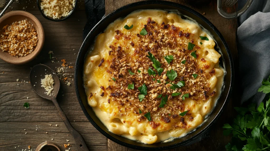 Golden smoked mac and cheese with layers of creamy cheese and a crispy top, served hot.