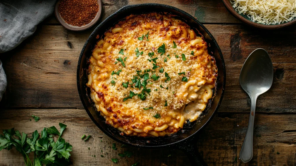 Creamy smoked mac and cheese topped with crispy breadcrumbs served in a cast-iron skillet.