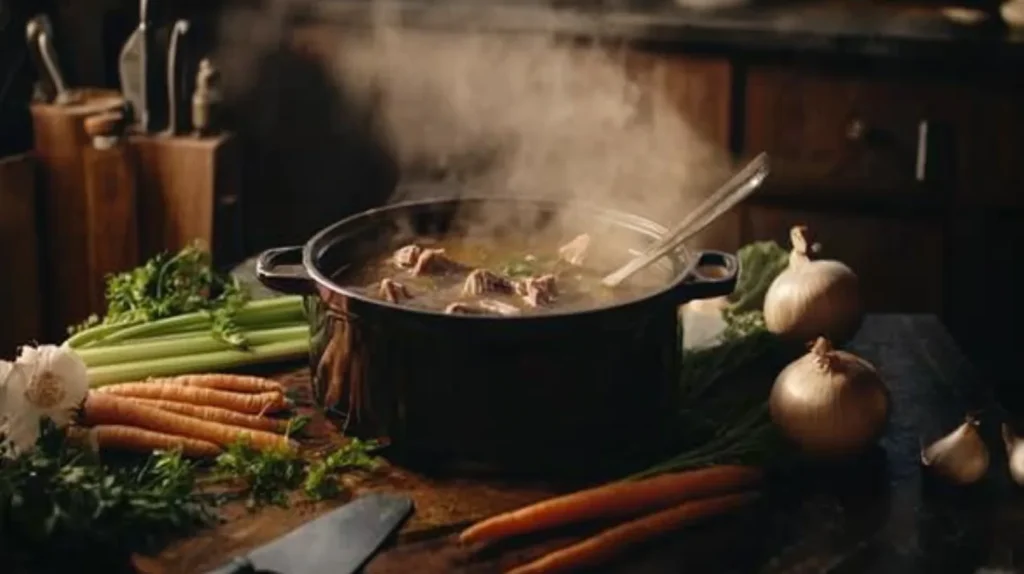 Beef soup bones in a pot with vegetables and herbs for homemade stock.