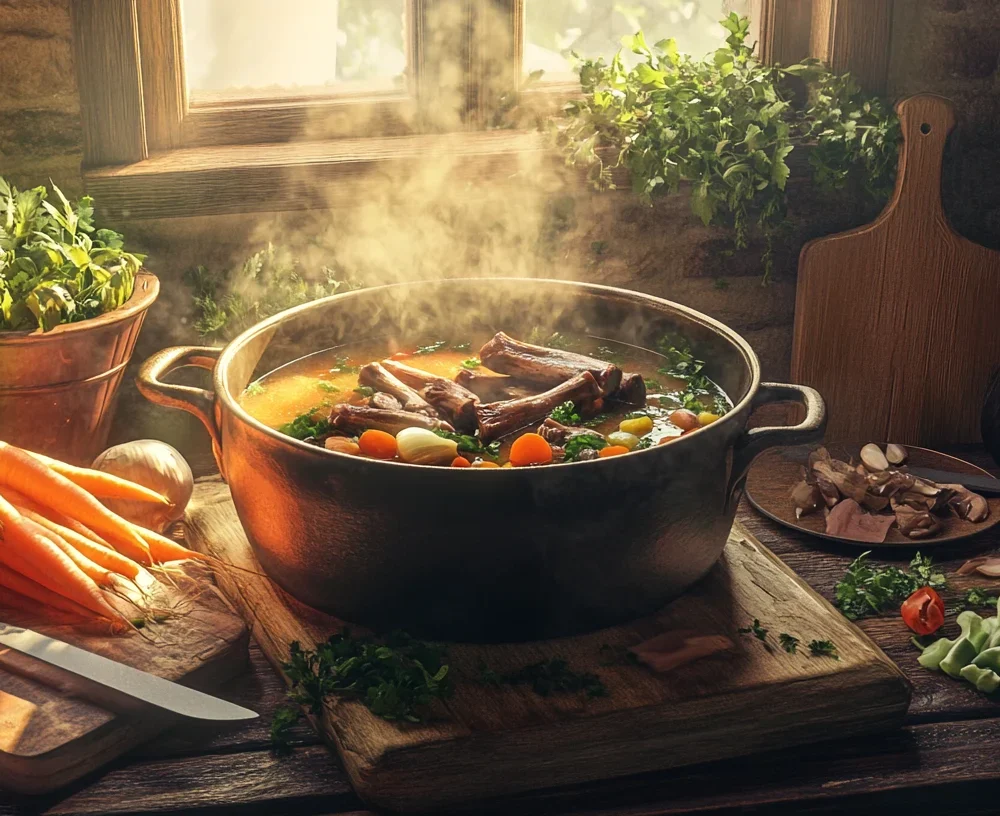 Hearty soup bones simmering in a pot to create a rich, savory broth.
