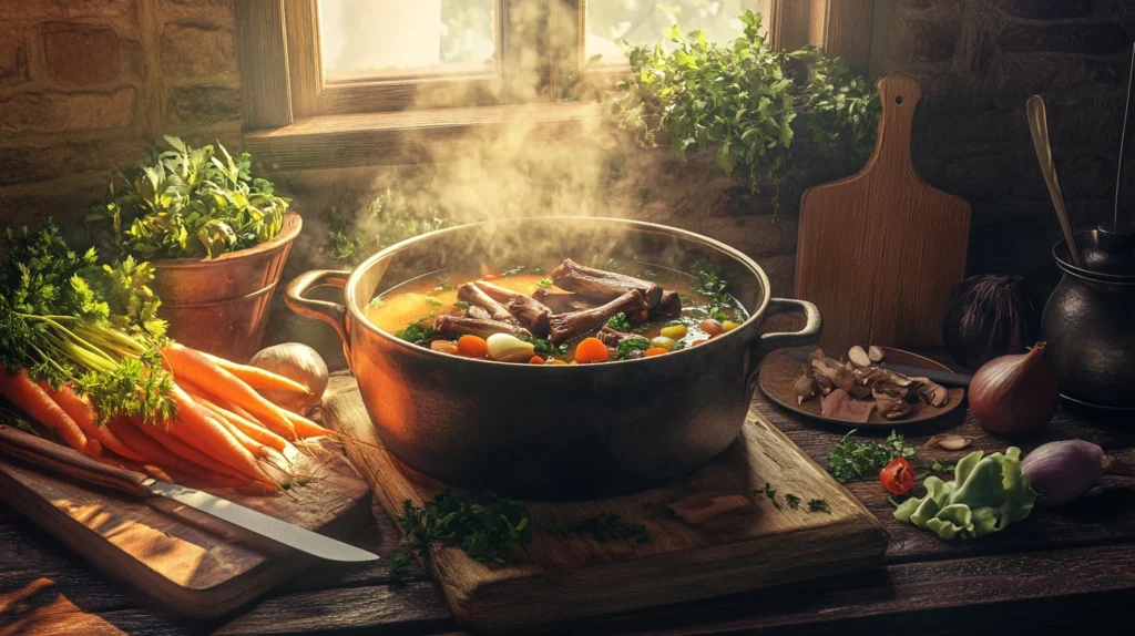 Hearty soup bones simmering in a pot to create a rich, savory broth.