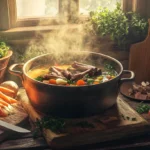 Hearty soup bones simmering in a pot to create a rich, savory broth.