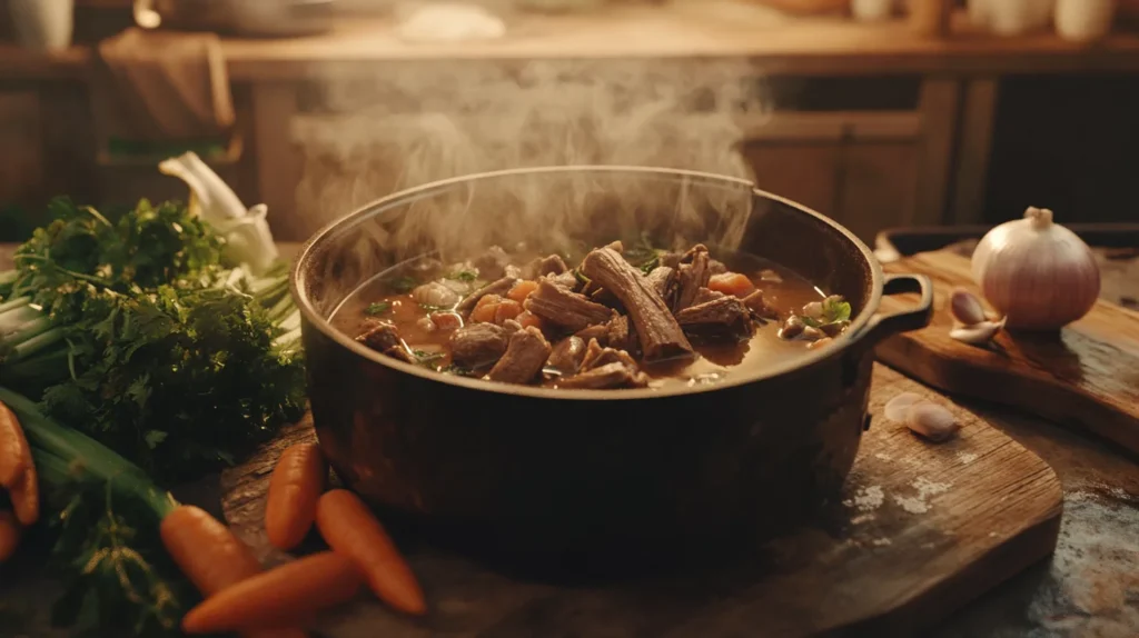 A pile of fresh soup bones displayed with aromatic ingredients like garlic and carrots.