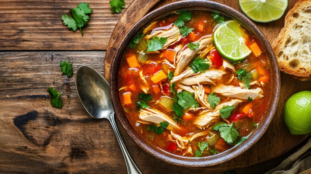 Bowl of Catherine's Spicy Chicken Soup, garnished with fresh herbs and chili flakes.