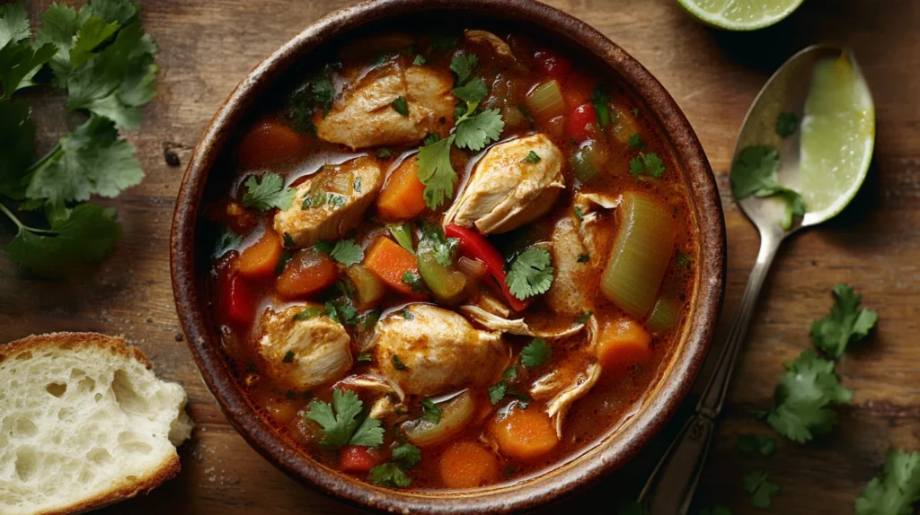 Catherine's Spicy Chicken Soup, rich with tender chicken, chili peppers, and fresh garnishes.