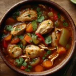 Catherine's Spicy Chicken Soup, rich with tender chicken, chili peppers, and fresh garnishes.