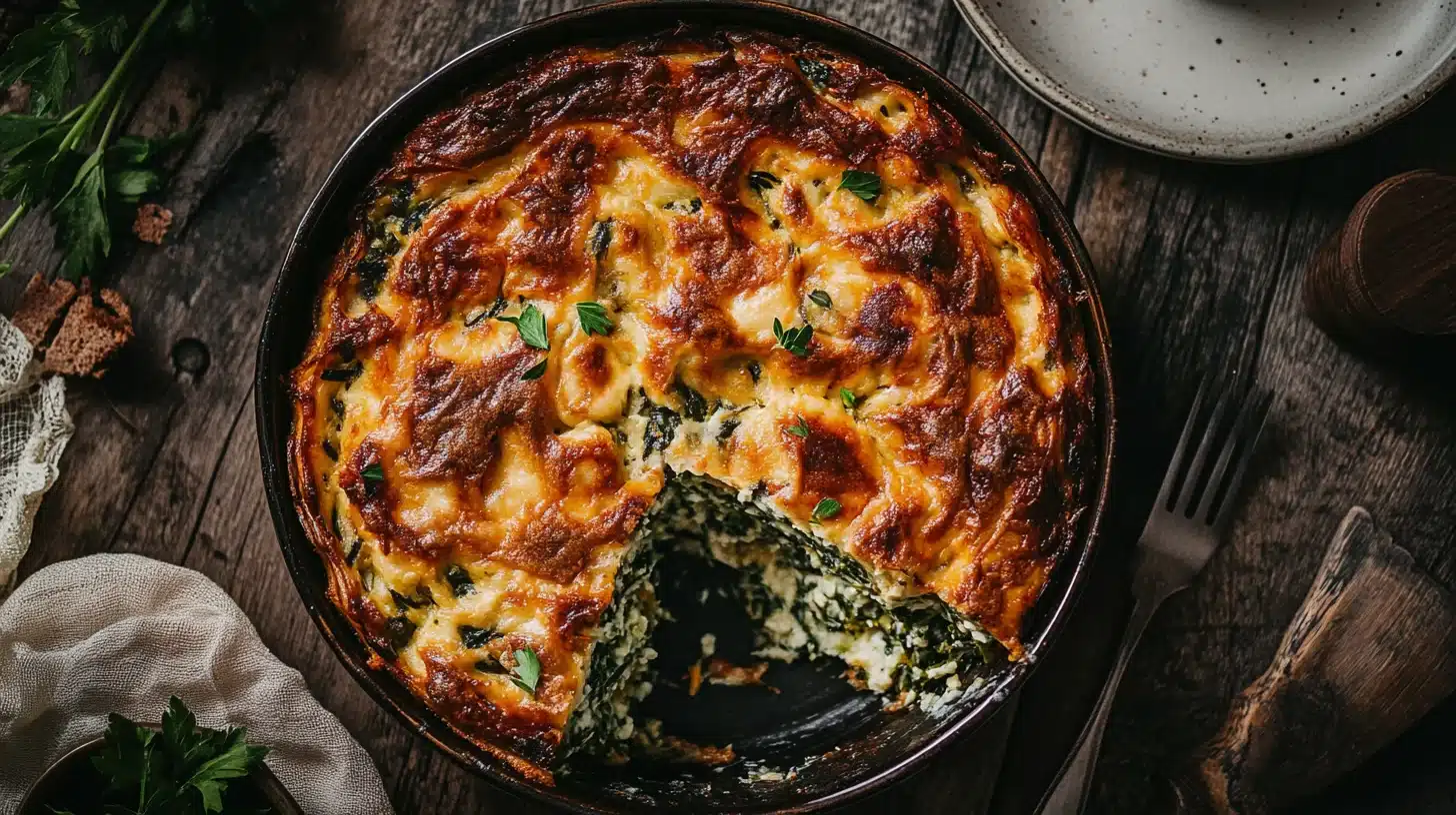 Golden Spinach Kugel with fresh herbs and creamy noodles, baked to perfection.