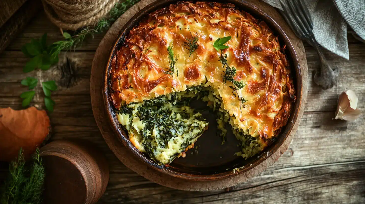 Freshly baked Spinach Kugel with a golden crust and a rich, savory spinach filling.