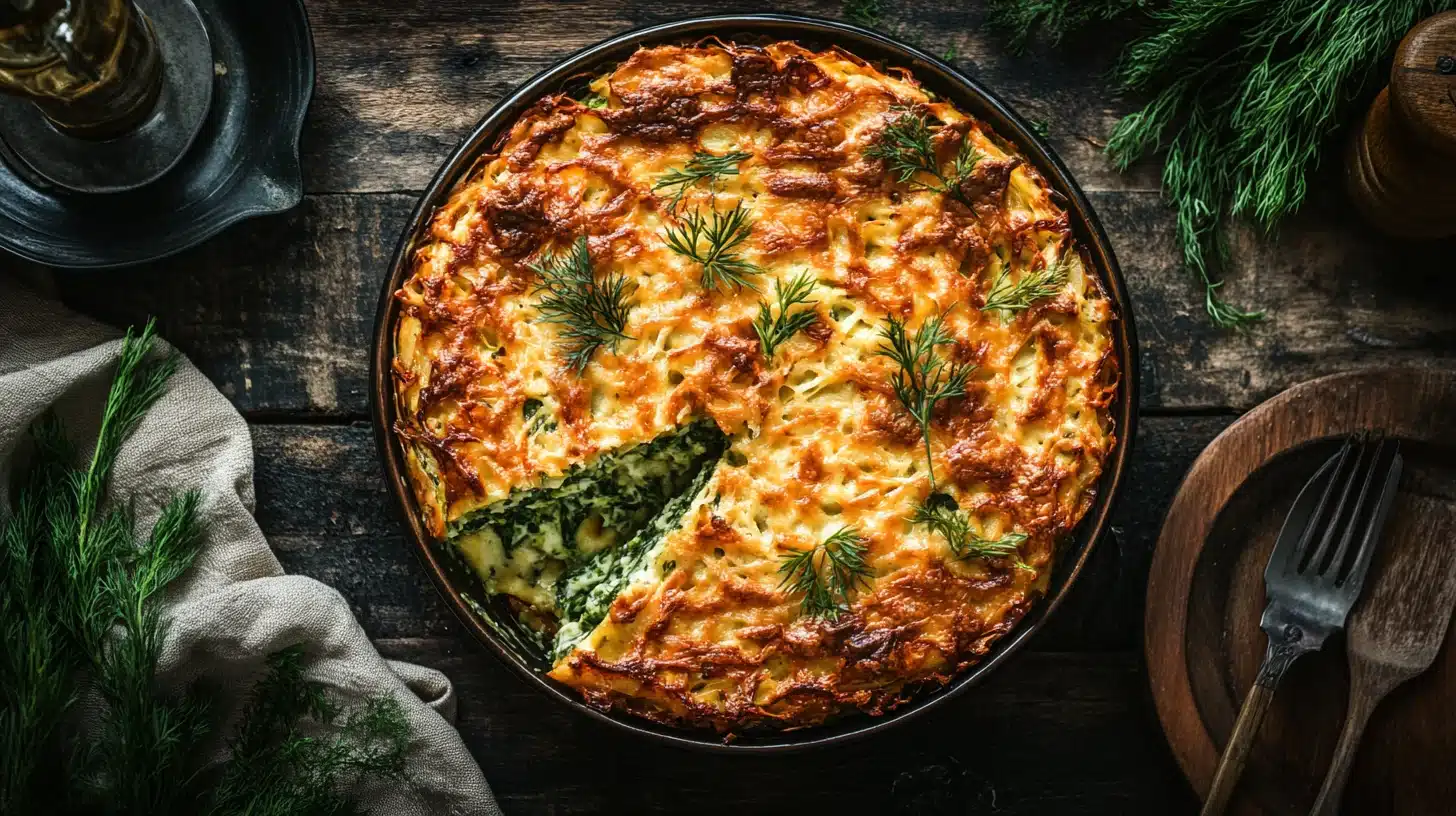 Golden-baked Spinach Kugel topped with crispy edges, featuring a creamy spinach and noodle filling.