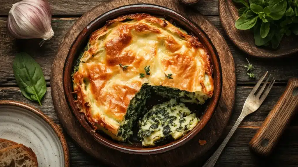 Warm and golden Spinach Kugel with a rich spinach and noodle filling, served fresh from the oven.