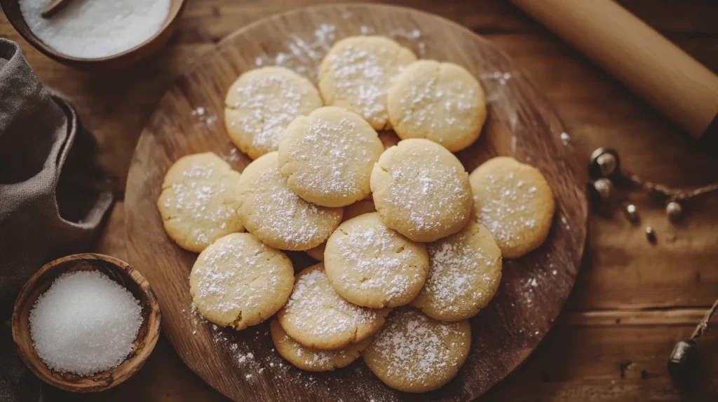 Simple 3-ingredient sugar cookies stacked neatly on a cooling rack.