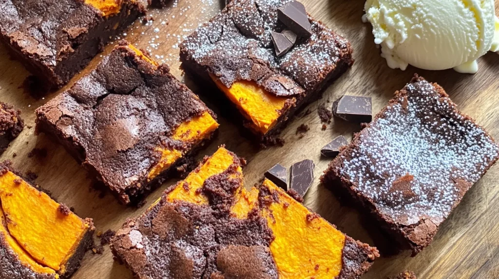 Homemade sweet potato brownies with a rich, fudgy texture topped with a dusting of cocoa powder.