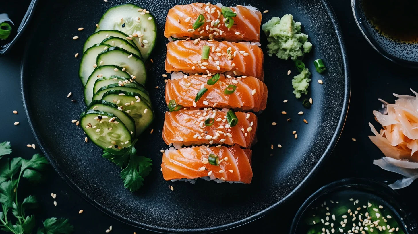 Temaki sushi rolls with salmon, cream cheese, avocado, and seaweed served on a wooden plate.