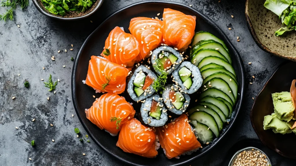 Temaki sushi cones filled with creamy salmon, cream cheese, and avocado, served on a stylish platter.