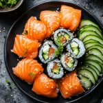 Temaki sushi cones filled with creamy salmon, cream cheese, and avocado, served on a stylish platter.