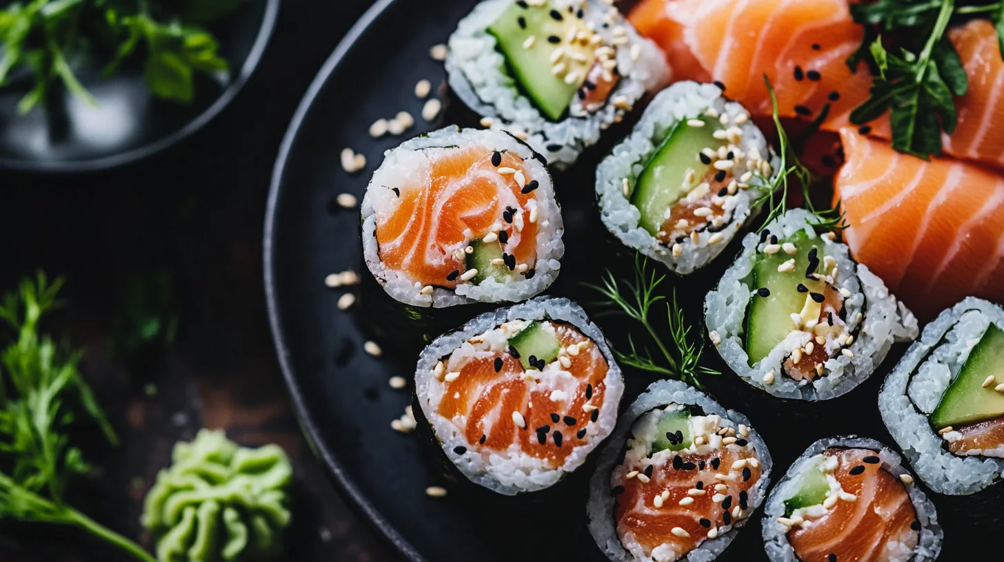 Fresh Temaki hand rolls filled with salmon, cream cheese, and vegetables on a bamboo mat.