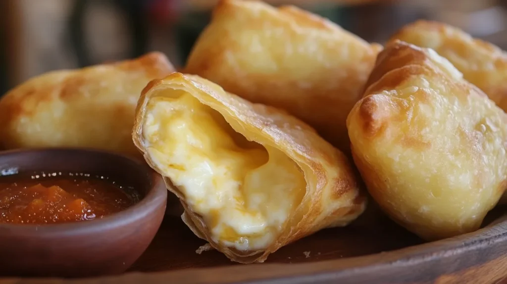 Tequeños with a crispy exterior and melted cheese inside, perfect as an appetizer.