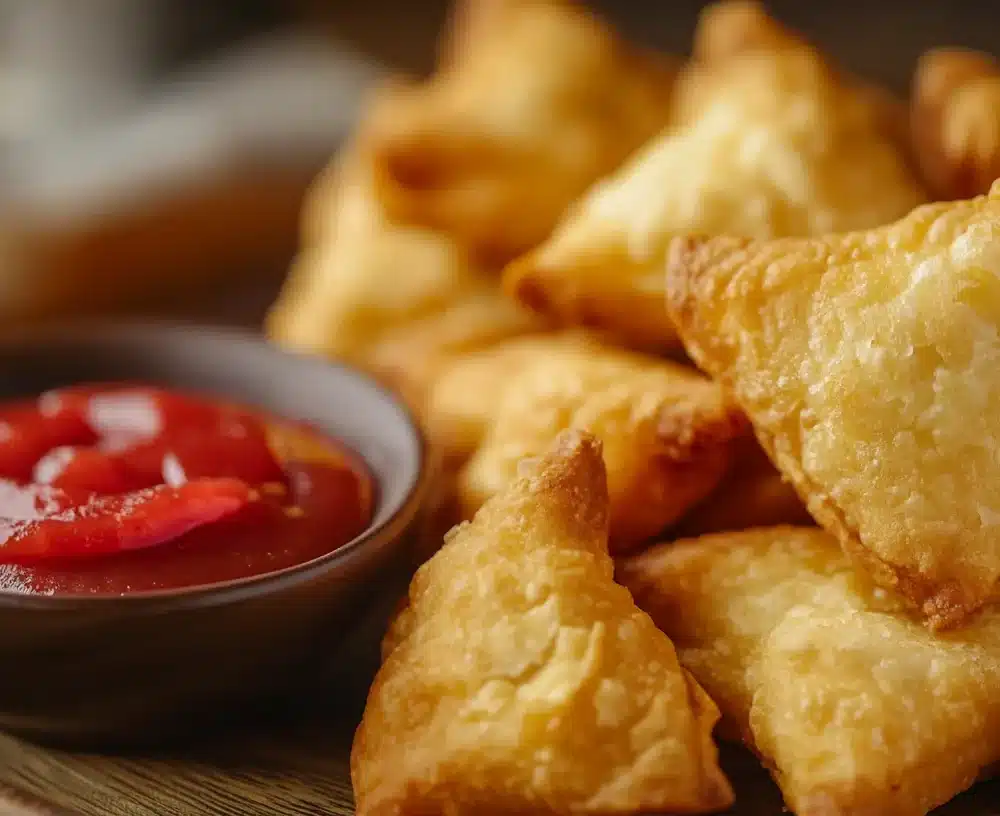Close-up of tequeños with a golden crust, served with dipping sauces.
