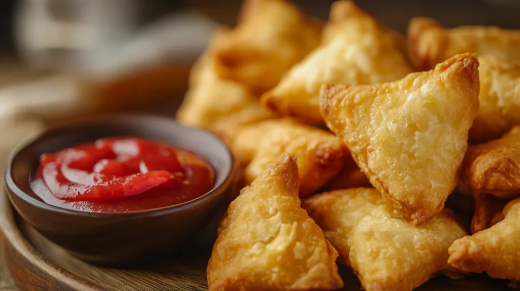 Close-up of tequeños with a golden crust, served with dipping sauces.