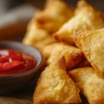 Close-up of tequeños with a golden crust, served with dipping sauces.