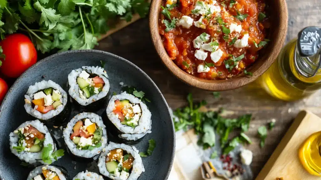 Colorful Terra Massoud sushi rolls with fresh fish, avocado, cucumber, and sesame seeds.