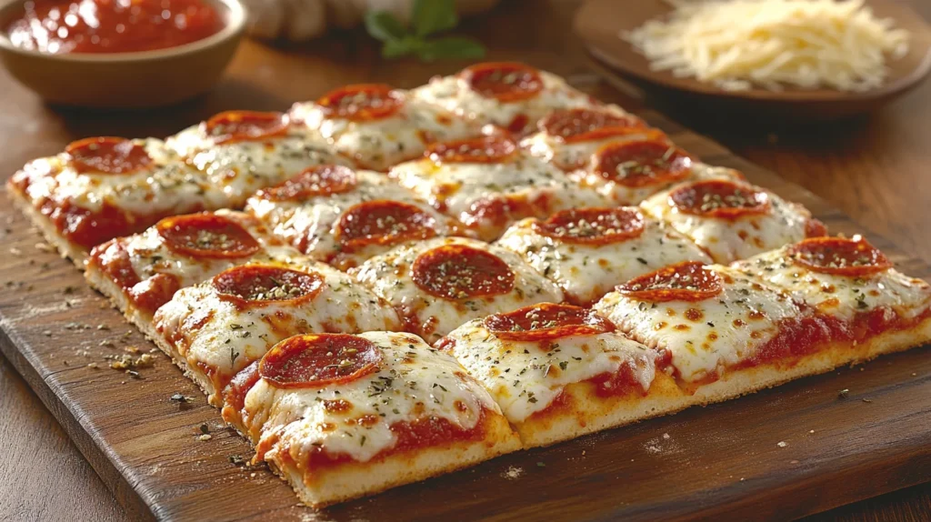 A crispy slice of Totino’s-style pizza with bubbling cheese and golden crust.