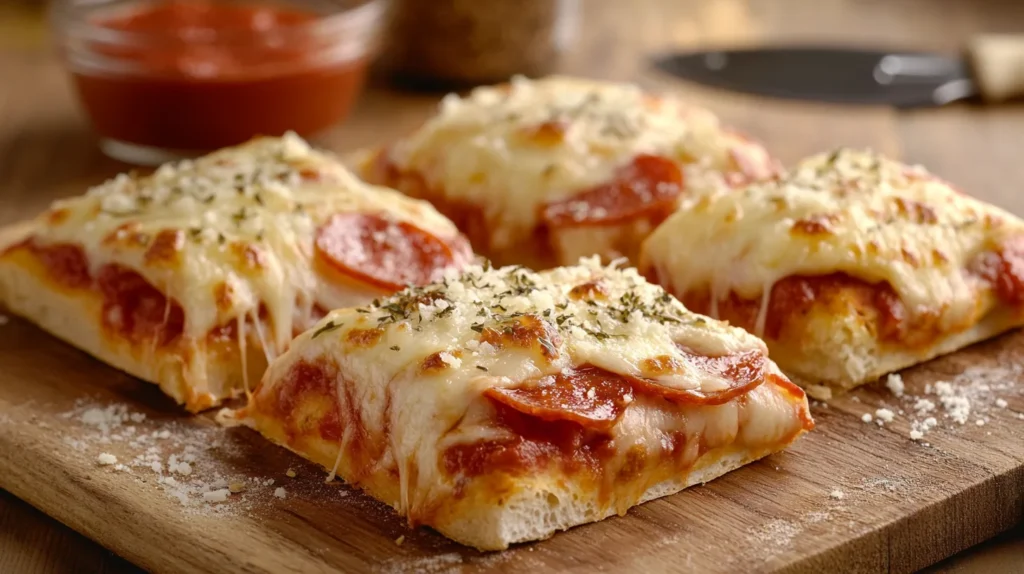 Hot and crispy Totino’s pizza served on a wooden board with dipping sauces.