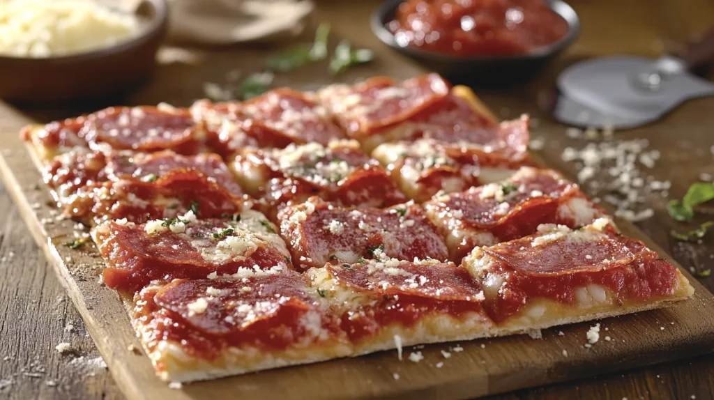 Homemade Totino’s pizza fresh out of the oven, topped with melted cheese and pepperoni.