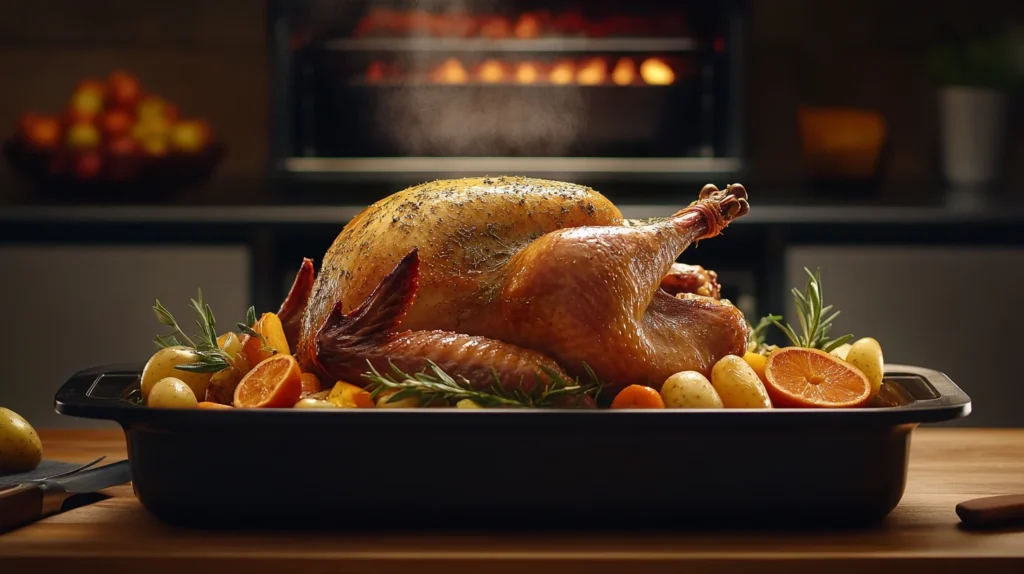 A turkey roaster oven with a perfectly roasted golden-brown turkey inside.