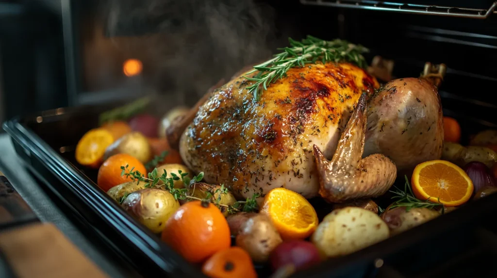 Close-up of a turkey roaster oven with adjustable temperature settings.