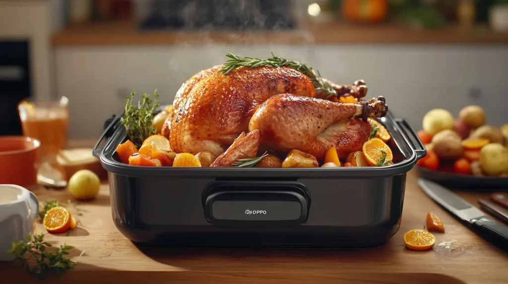 Compact turkey roaster oven on a kitchen counter, ready for holiday cooking.