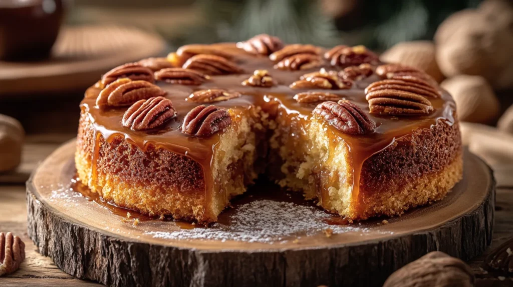 A slice of pecan upside-down cake served on a plate, showcasing its nutty, caramel topping.