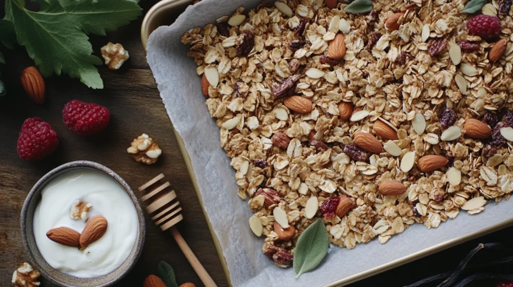 Homemade vanilla nut granola on a baking sheet, golden and crunchy with a hint of vanilla.