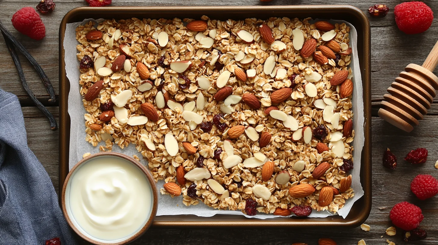 Crunchy vanilla nut granola served in a mason jar with fresh fruit and yogurt.