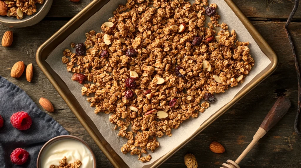 Homemade vanilla nut granola with golden oats, pecans, and a drizzle of maple syrup.