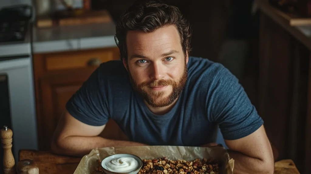 A bowl of vanilla nut granola with almonds, cashews, and oats, drizzled with honey.