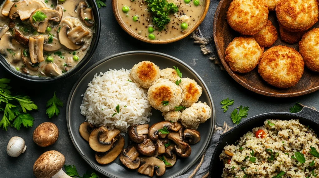 A hearty vegan mushroom stir-fry with vegetables and a savory sauce.