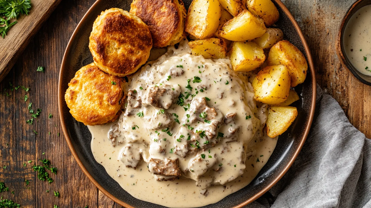 Venison Biscuits and Gravy, a hearty dish with flavorful venison sausage and smooth, rich gravy.