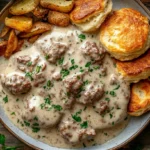 A plate of Venison Biscuits and Gravy, featuring golden biscuits topped with rich venison sausage gravy.