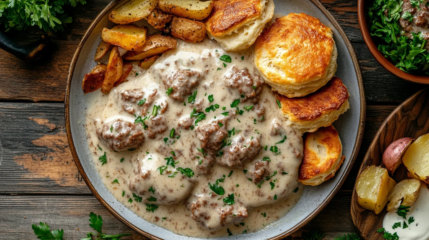 A plate of Venison Biscuits and Gravy, featuring golden biscuits topped with rich venison sausage gravy.