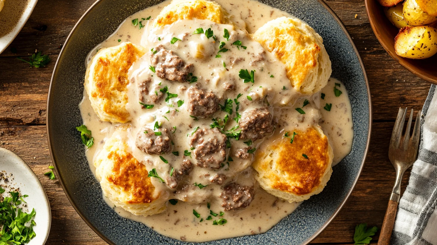 Tender venison sausage served over fluffy biscuits, topped with creamy gravy.