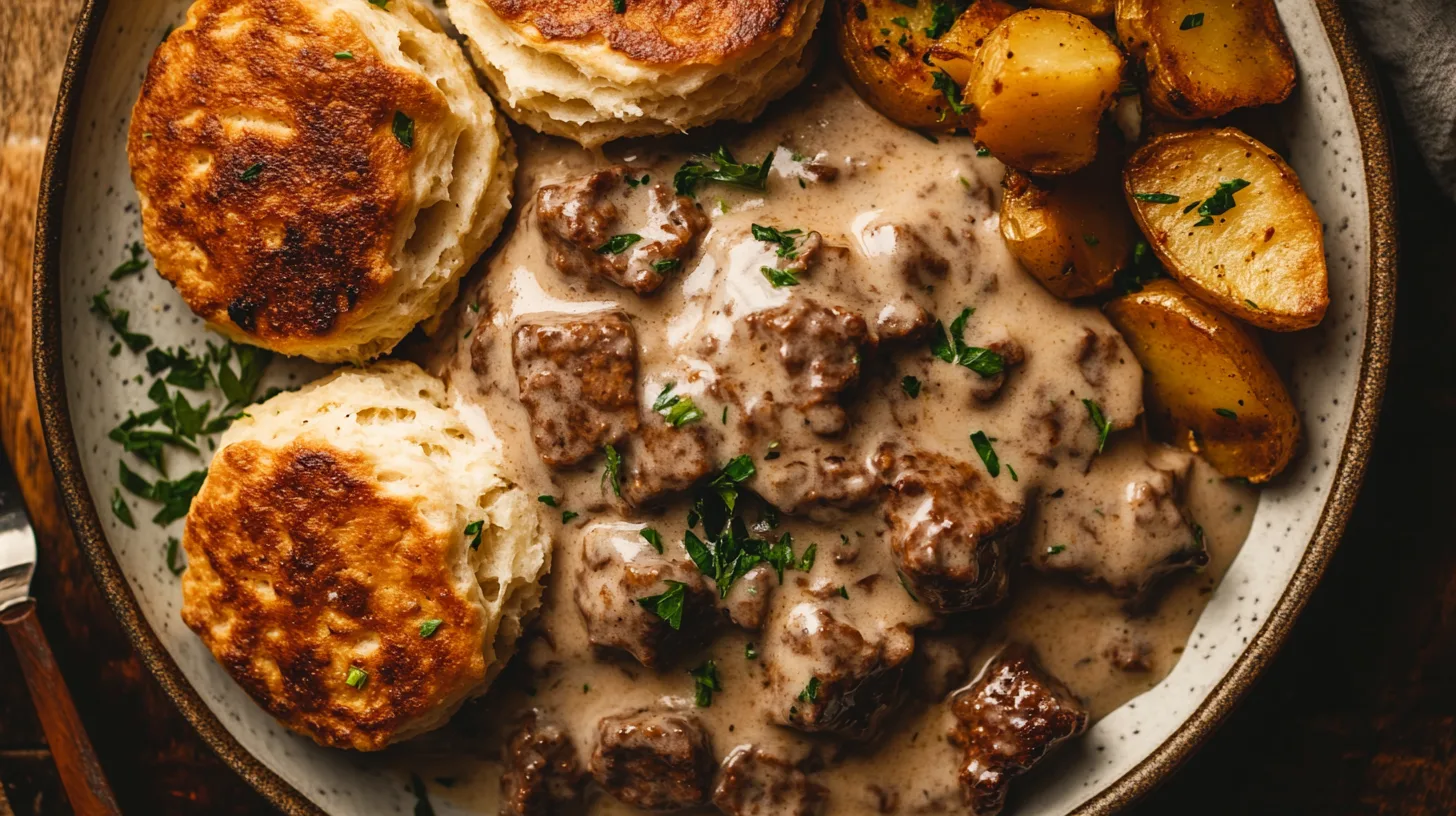 Golden biscuits topped with rich venison sausage gravy, perfect for breakfast.