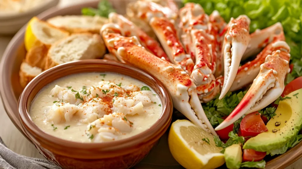 Delicious steamed crab served with melted butter and lemon wedges on a rustic platter.