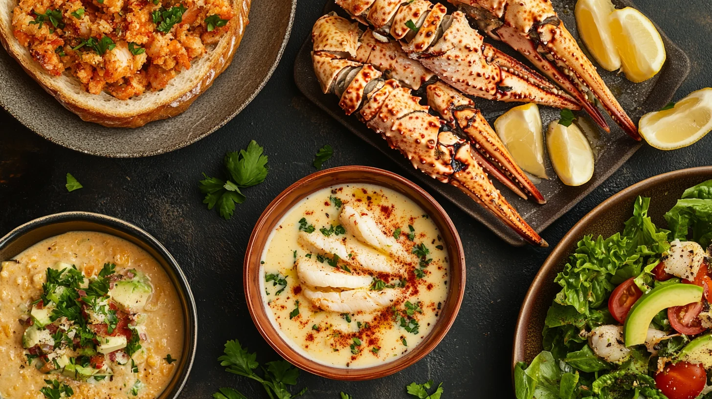 Perfectly seasoned yummy crab with a side of tangy dipping sauce and lemon slices.