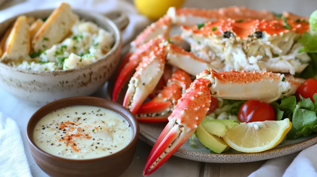 Succulent crab legs served with garlic butter sauce and fresh parsley garnish.