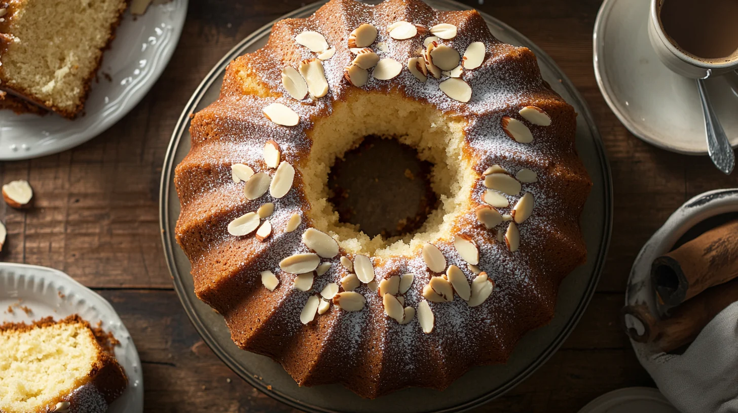 Kosher-friendly Amaretto Cake topped with almond slices and a drizzle of glaze.