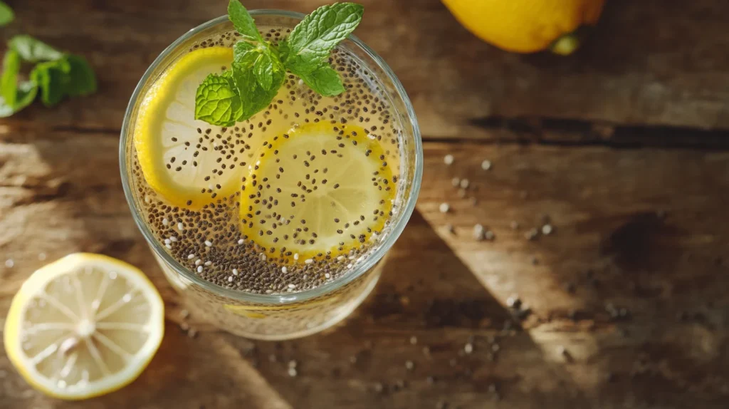 A refreshing glass of Chia Water with chia seeds and a hint of lemon, a perfect healthy drink.