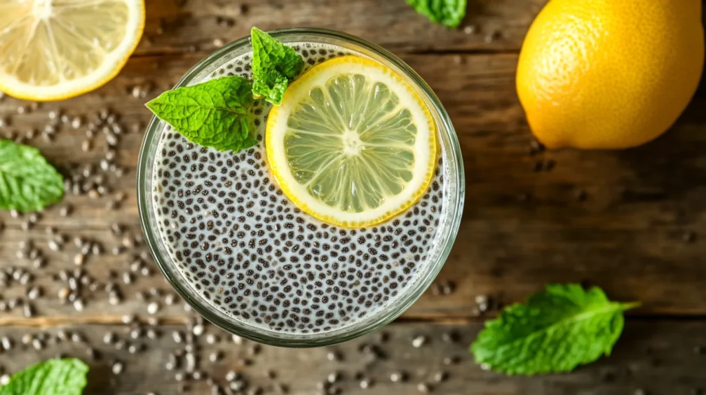 A refreshing glass of Chia Water with soaked chia seeds and a slice of lemon, perfect for hydration.