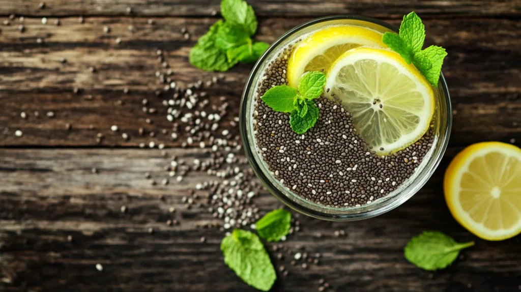 Chia Water in a mason jar with lime slices and mint leaves, a nutritious and hydrating drink.